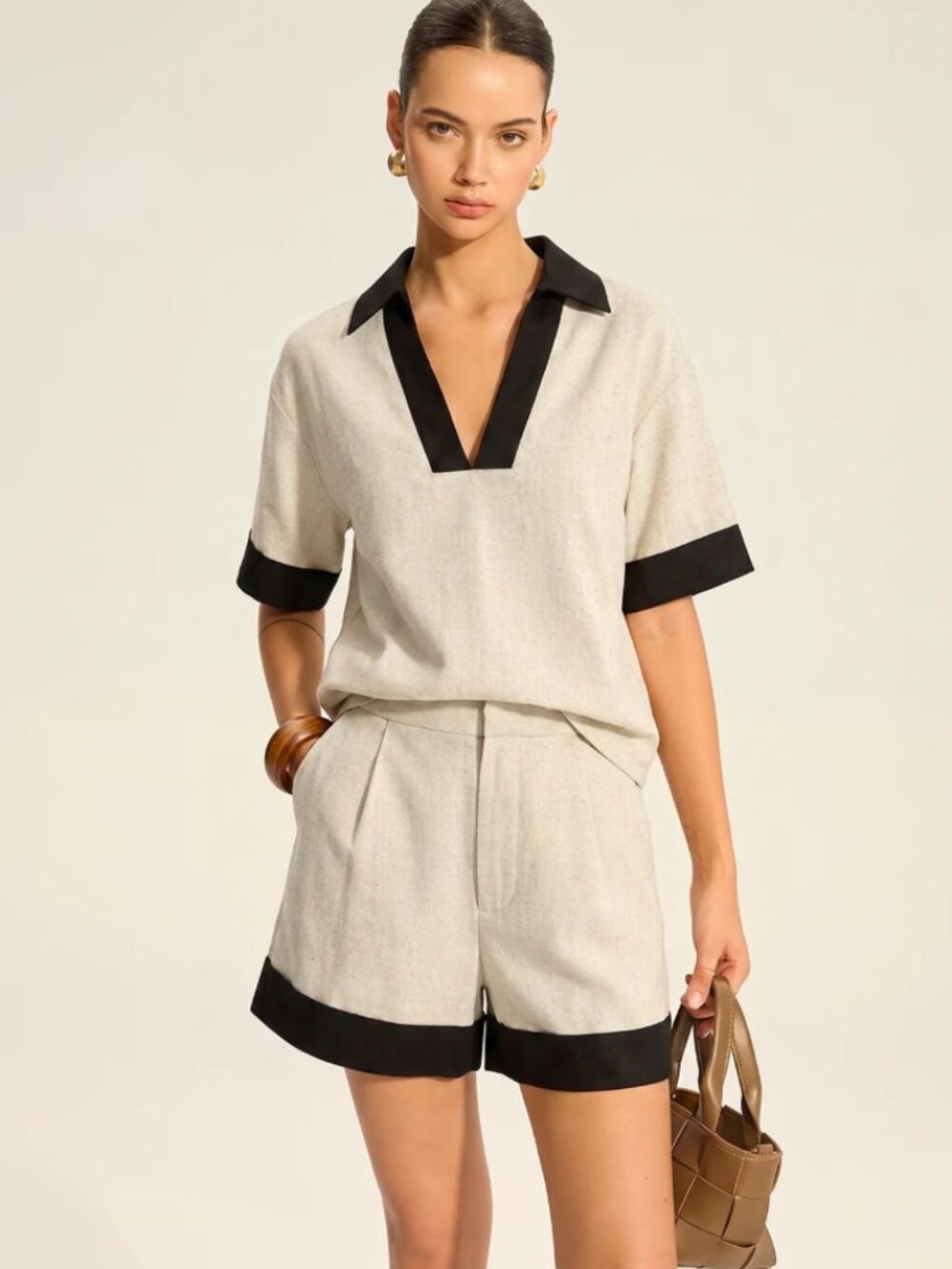 NWT COMMENSE Contrast Trim Cotton Linen Top Shorts Set - Size XL